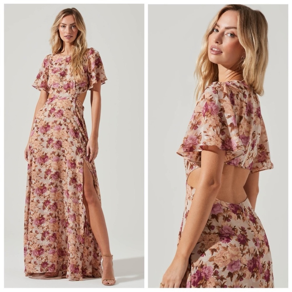 ASTR THE LABEL KATRINA FLORAL CUTOUT FLUTTER SLEEVE MAXI DRESS